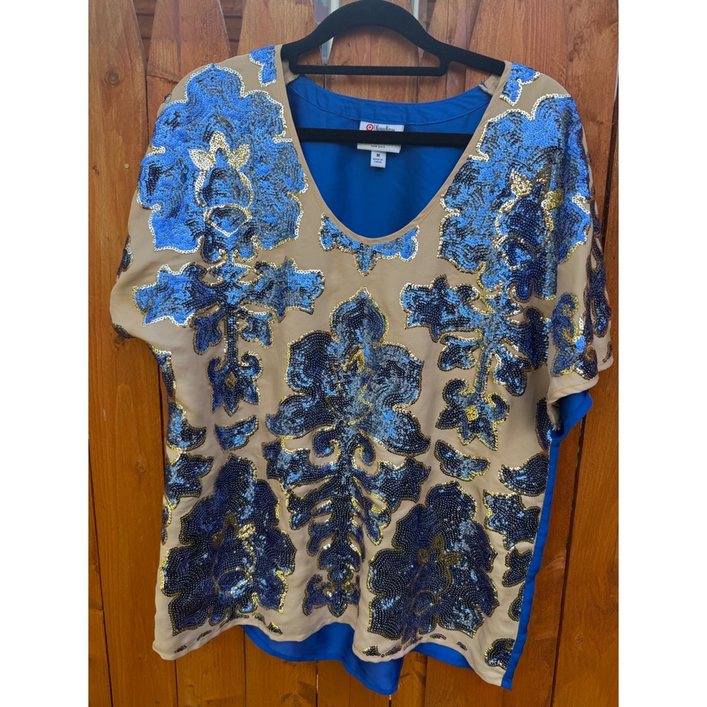 Tracy Reese Neiman Marcus Target Blue Sequin Damask V-Neck Top Medium